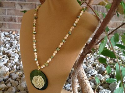 19. Mother-of-Pearl Chunks with Hibiscus $39.95 - SOLD 19. Mother-of-Pearl Chunks with Hibiscus - SOLD