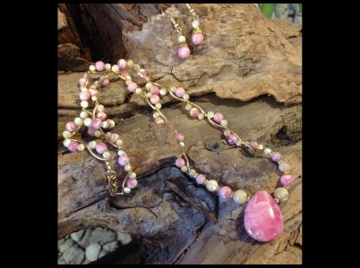 14. Rhodochrosite with Natural. Mother-of-Pearl & Gold, Curved Links $39.95 Earrings $10.95 - SOLD 14. Rhodochrosite with Natural. Mother-of-Pearl & Gold, Curved Links